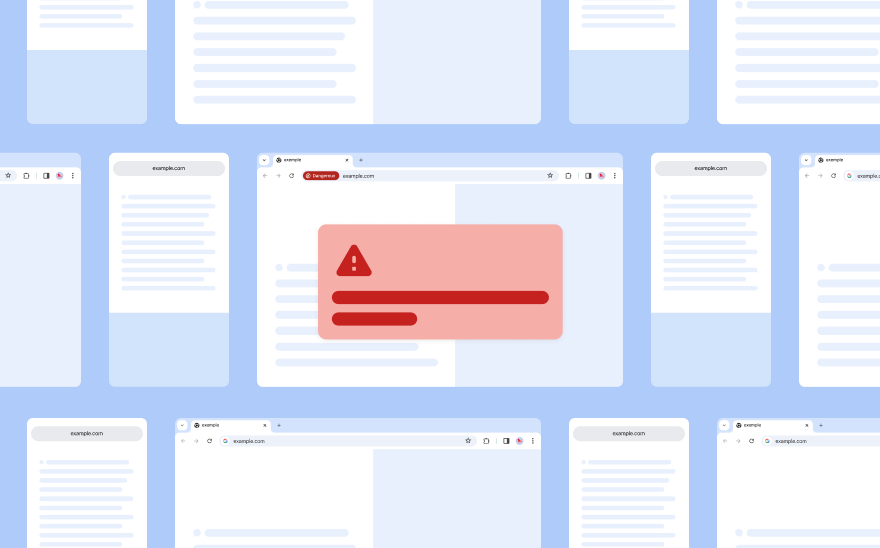 Des pages Web génériques flottent sur un fond bleu clair. Au premier plan se trouve un pop-up rouge accompagné d'une icône d'alerte également rouge.